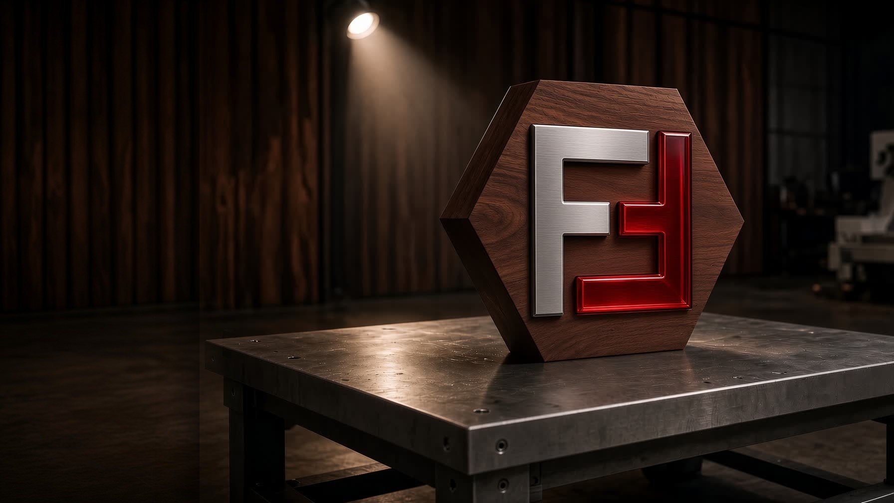 Finest Fabrication atelier: walnut hexagonal mark on a steel table