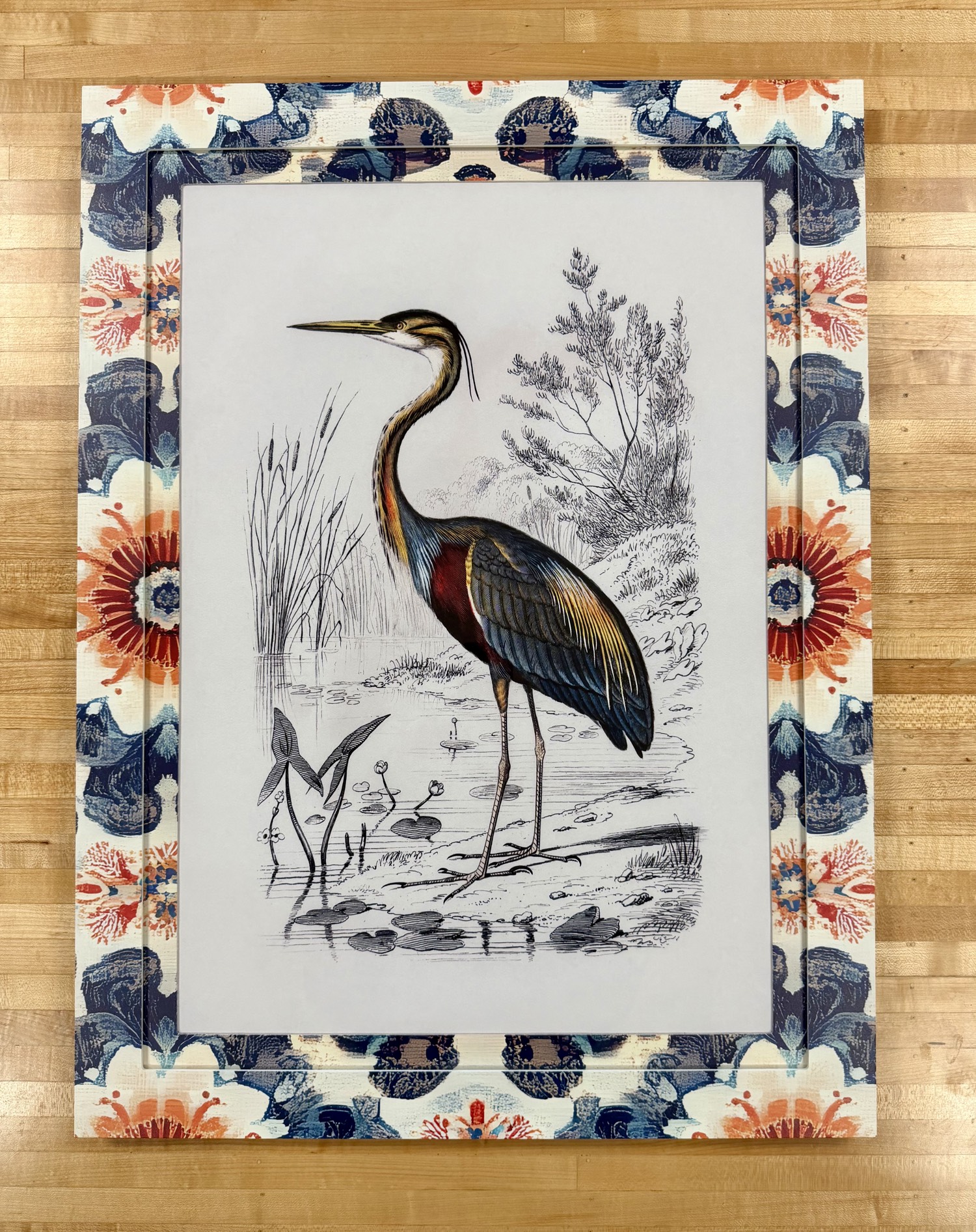 Heron print set in a thick UV printed floral frame